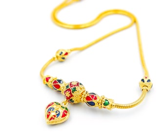 24K Gold Plated Heart Charm Choker, Thai Baht Snake Chain, Coquette Jewelry