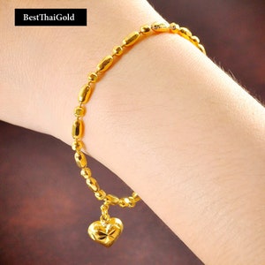 24K Gold Plated Beaded Bracelet: Thai Heart Charm Jewelry