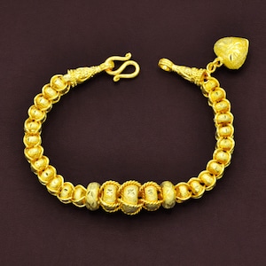 Heart Charm Beaded Gold Bangle Bracelet,Thailand Gold Bracelet,Baht Chain 24K Yellow Gold Plated,Asia Gold Jewelry,Birthday Gift for Her