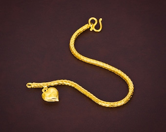 Tiny Heart Charm Gold Bangle Bracelet,Baht Chain 22K 24K,Yellow Gold Plated,Thailand Gold Jewelry,Asia Gold,Bracelet for Women,Birthday Gift