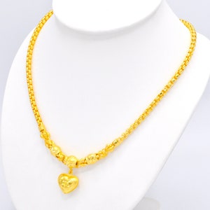 20&quot;,Heart Charm Necklace,Box Chain,Necklaces for Women,Thailand Gold Necklace ,Wedding Jewelry,Baht Chain 24K Yellow Gold Plated Necklace