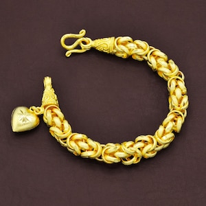 7.5&quot;,Heart Charm Bracelet,Baht Chain 22K 24K Yellow Gold Plated Bracelet,Thailand Gold Jewelry,Asian Gold Jewelry 24K,Birthday Gift for her