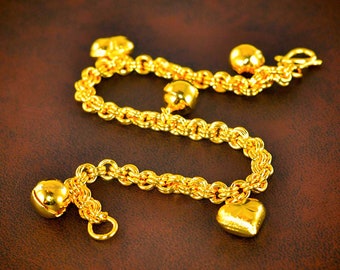 Thai Gold Jewelry,Heart Bell Charm Bracelet,Wedding Jewelry,Baht Chain 22K 24K Yellow Gold Plated Bracelet,Gold Cuff Bracelet,Birthday Gift