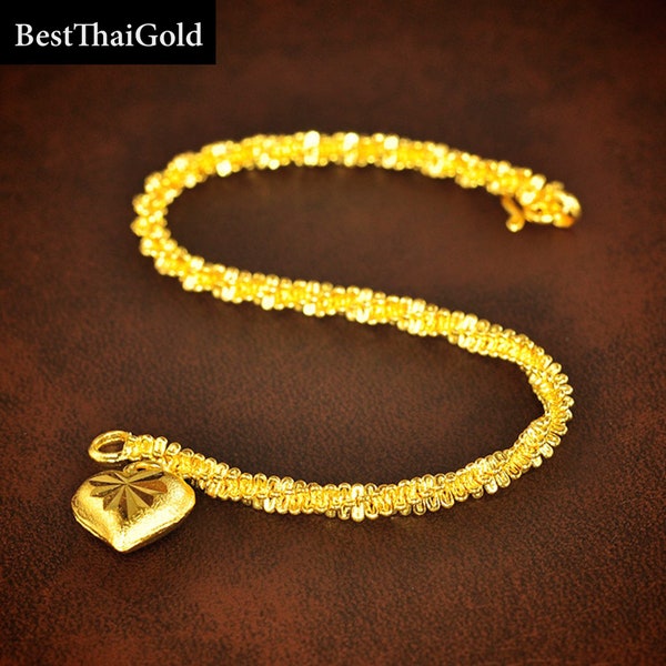 Thai Jewelry,Heart Charm Bracelet,22K 23K 24K Yellow Gold Plated Bracelet,Baht Gold Chain,Snake Chain Bracelet,Wedding Jewelry,Birthday Gift
