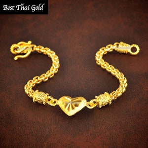 Heart Gold Bangle Bracelet,Baht Chain 22K 23K 24K Yellow Gold Plated Bracelet,Thailand Jewelry,Bridal Jewelry,Handmade Jewelry,Birthday gift