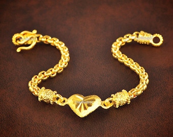 Herz Gold Armreif Armband, Baht Kette 22K 23K 24K Gelbgold überzogene Armband, Thailand Schmuck, Brautschmuck, handgemachter Schmuck, Geburtstagsgeschenk