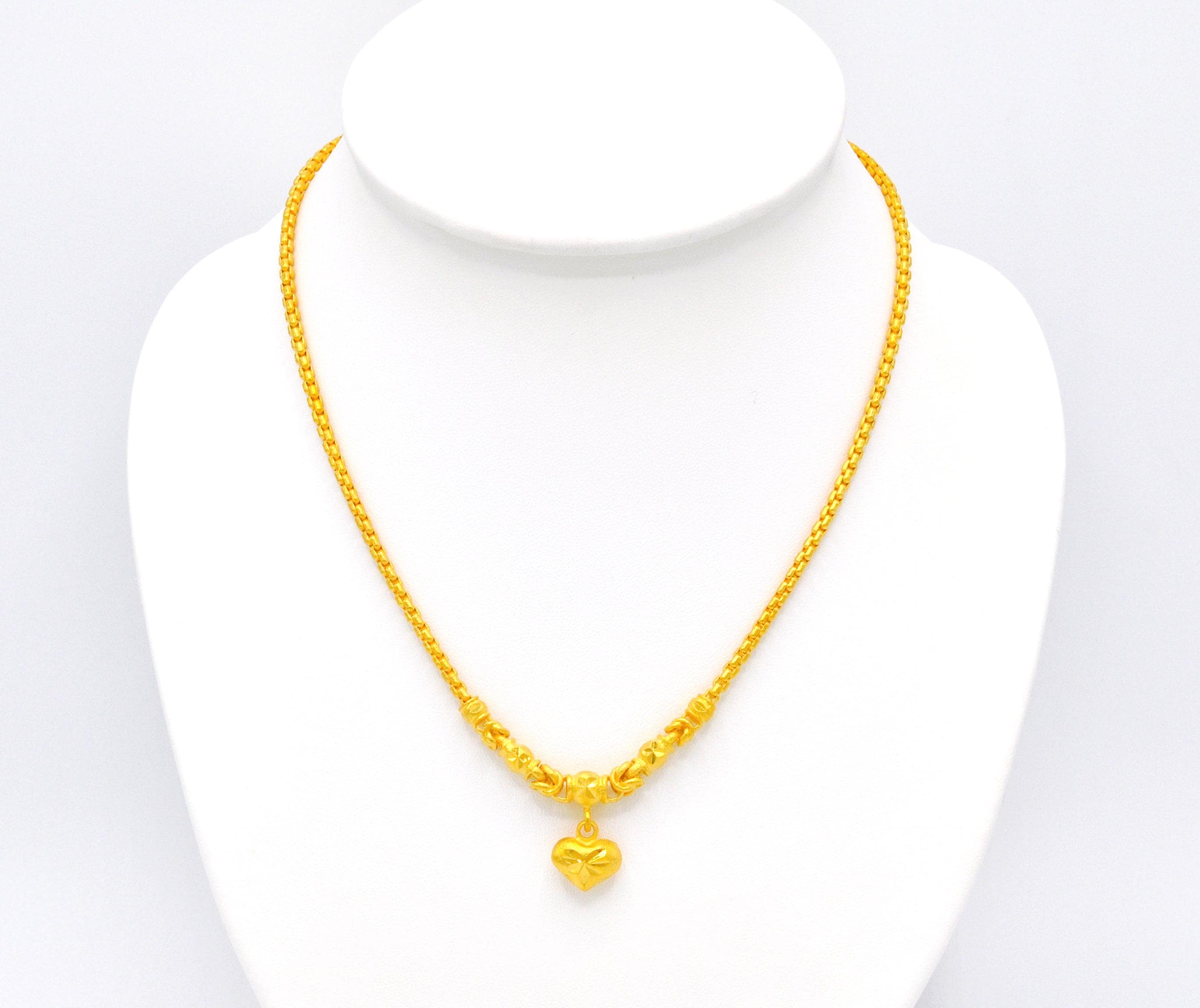 18",Thai Gold Jewelry,Heart Charm Necklace,Baht Chain 22K 24K Yellow Gold Plated Necklace,Asia Gold Jewelry,Handmade Jewelry,Christmas Gifts