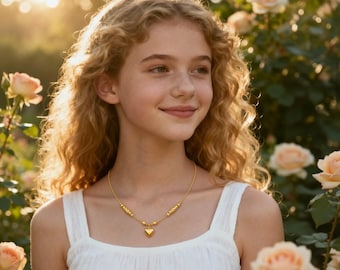 24K Gold Plated Heart Charm Necklace, Thai Jewelry Suit for Gift to her