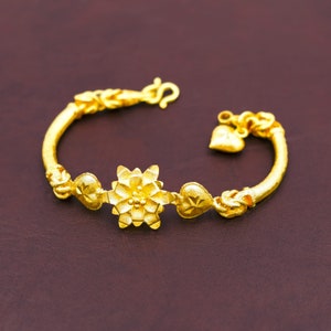 Flower Heart Gold Charm Bangle Bracelet,Thailand Gold Jewelry,Asia Gold Jewelry,Baht Chain 24K,Yellow Gold Plated,Birthday Gift for her