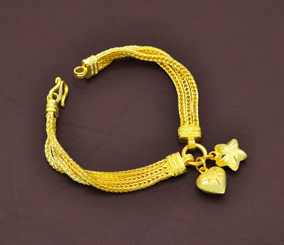 24K Gold Plated Bangle Bracelet: Thai Baht Chain With Heart & Star ...