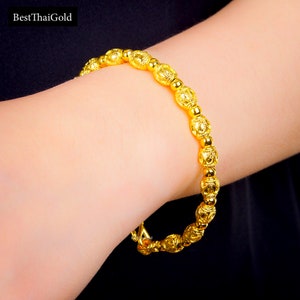 Beaded Gold Bangle Bracelet,Thailand Baht Gold Wedding Jewelry,22K 23K 24K Yellow Gold Platedf Bracelet,Cuff Bracelet,Women Jewelry,Birthday