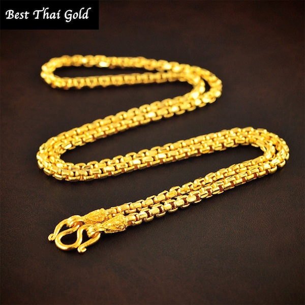 Thai Gold Necklace,Box Chain,Amulet Necklace,Baht Chain 22K 23K 24K Yellow Gold Plated Necklace,Mens Necklace,Men Jewelry,Asia Gold,Birthday