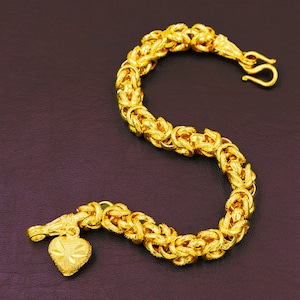 Byzantine Gold Bracelet,Heart Charm Bracelet,Baht Chain 22K 24K Yellow Gold Plated Bracelet,Thai Baht Gold Chain,Cuff Bracelet,Birthday Gift
