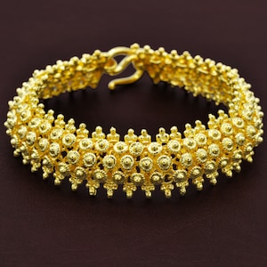 PIKUN Flower Gold Bangle Bracelet,Heart Charm Bracelet,22K 23K 24K Yellow Gold Plated Bracelet,Thai Gold Jewelry,Baht Chain,Valentines Gift