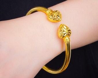 Birthday Gift,Heart Gold Bangle Bracelets for Women,Thai Gold Jewelry,Baht Chain 22K 23K 24K Yellow Gold Plated Bracelet,Asian Vintage Gold