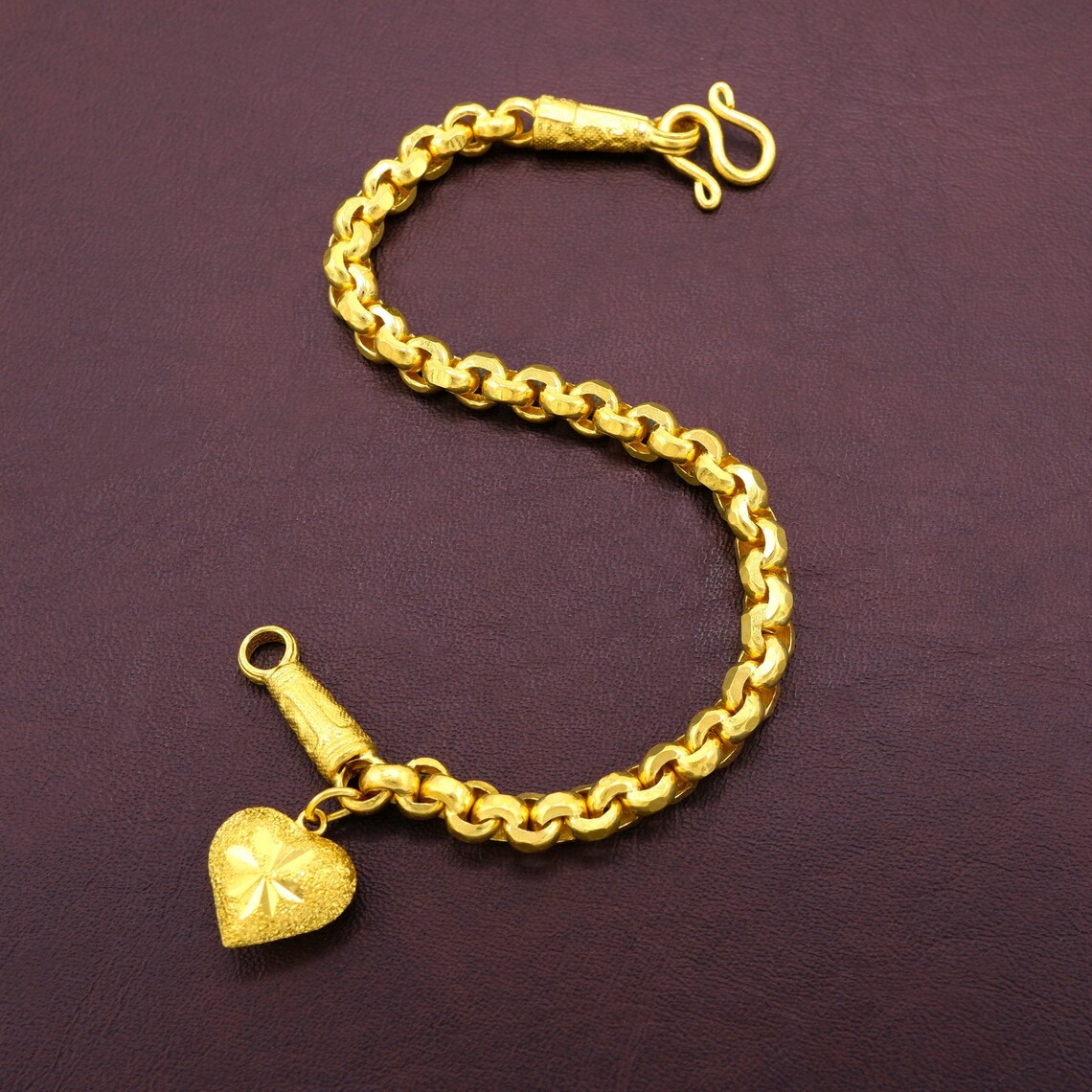 Solid Gold Heart Charm Bracelet for Women24K Real Gold Etsy