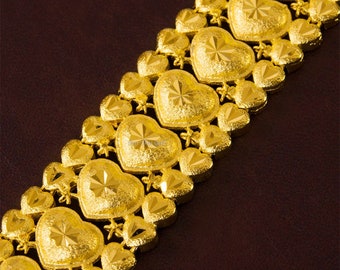 Birthday Gift,Heart Link Chain Bracelet,Gold Bangle Bracelet,Thai Gold Jewelry,Baht Chain 22K 24K Yellow Gold Plated Bracelet,Asia Gold