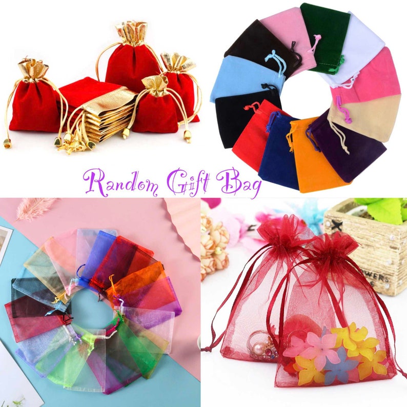 May include: Assortment of colorful drawstring gift bags in various sizes and materials.  The bags are made of velvet, satin, and mesh.  The bags are perfect for packaging small gifts, jewelry, or other small items.  The text "Random Gift Bag" is displayed in purple text.