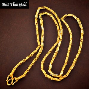 Thailand Gold Necklace,Bar Link Chain,Box Chain,Baht Chain 22K 24K Yellow Gold Plated,Amulet Necklace,Mens Necklace,Mens Jewelry,Birthday
