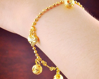 Heart & Bell Charm Bracelet: 24K Gold Plated Beaded Link Chain- DDP (Delivered Duty Paid)