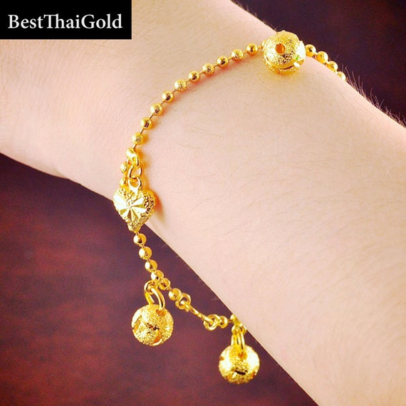 Gold Charm Bracelet,cable Chain Bracelet,thai Baht Gold Jewelry,heart Charm  Pendant Bracelet,22k 23K 24K Yellow Gold Plated,birthday Gift - Etsy