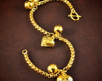 Heart Charm Bangle Bracelet,Box Chain Link,Thai Jewelry,Baht Gold Chain,22K 23K 24K Yellow Gold Plated Bracelet,Cuff Bracelet,Birthday Gift