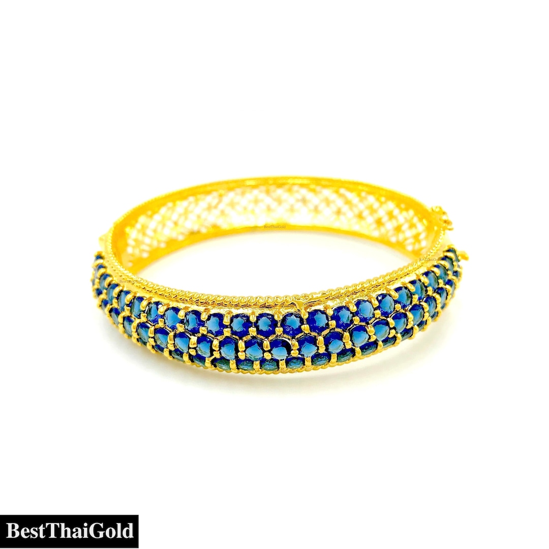 Blue Sapphire Cuff Bracelet Womenthailand Baht Gold Wedding Etsy