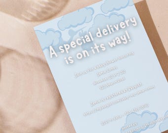 Faire-part pour baby shower cigognes – thème nuage, modèle canva (téléchargement numérique)