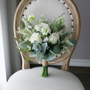 White Rose Bridal Bouquet, Classic Wedding Bouquet, Rustic Boho Flower Bouquet,  Design in Rose and Peony