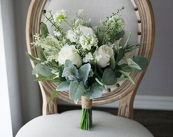 White Rose Bridal Bouquet, Classic Wedding Bouquet, Rustic Boho Flower Bouquet,  Design in Rose and Peony