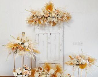 Ivory, Peach and Gold Wedding Archway Flower, Boho Palm Leaves Wedding Swag, Wedding Backdrop, Artificial Arch Flowers