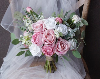 Dusty Pink and White Bridal Bouquet, Boho Wedding Bouquet, Rustic Wedding Flower, Made with Rose and Eucalyptus