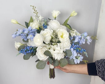 White and Blue Bridal Bouquet, Blue Wedding Bouquet, Boho Flower Bouquet,  Design in Rose, Peony, Ranunculus, Lisianthus and Eucalyptus