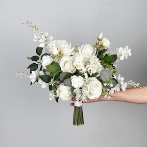 White Asymmetrical Wedding Bridal Bouquet, Boho Flower Bouquet, White Bridesmaid Bouquet, Made with Rose,Baby&#39;s Breath,Hydrangea,Delphinium