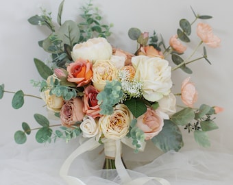 Peach and Ivory Wedding Bouquet, Boho Bridal Bouquet, Spring Wedding Flowers, Made with Peonies, Roses,Poppy and Eucalyptus