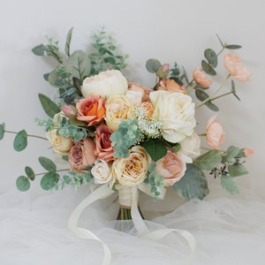 Peach and Ivory Wedding Bouquet, Boho Bridal Bouquet, Spring Wedding Flowers, Made with Peonies, Roses,Poppy and Eucalyptus
