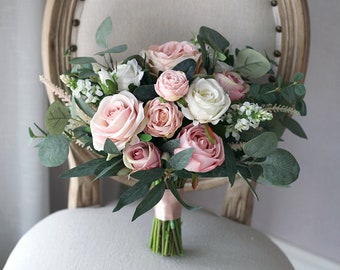 Dusty Pink and Blush Greenery Wedding Bridal Bouquet, Classic Wedding, Rustic Boho Flower Bouquet,  Design in Rose and Peony