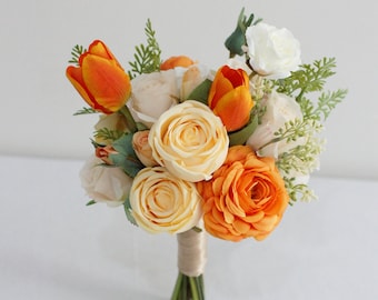 Orange and Yellow Bridal Bouquet, Elopement Wedding Bouquet, Spring Wedding Flower, Made with Rose and Tulip