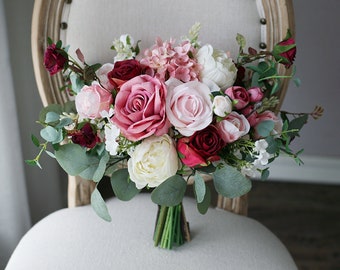 Burgundy, Mauve and Blush Wedding Bouquet, Classic Bridal Bouquet, Rustic Boho Flower Bouquet,  Design in Rose, Peony and Eucalyptus