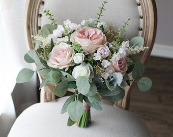 Ramo de novia rosa polvoriento, ramo de rosas de boda clásico, ramo de flores boho rústico, diseño en rosa
