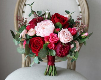 Burgundy and Blush Pink Bridal Bouquet, Classic Wedding Bouquet, Rustic Boho Flower Bouquet,  Design in Rose and Peony