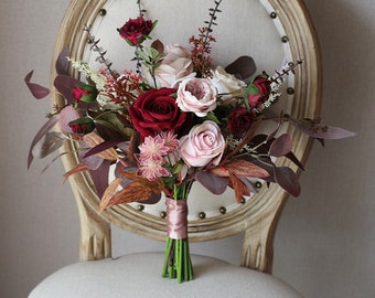 Autumn Fall Bridal Bouquet, Classic Brown and Burgundy Wedding Bouquet, Rustic Boho Flower Bouquet,  Design in Rose and Eucalyptus