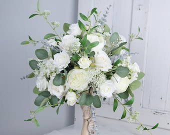 White and Sage Green Wedding Table Arrangement, Guest Table Flower Ball, Wedding Floral Centerpiece, Made with Rose, Peony and Baby's Breath