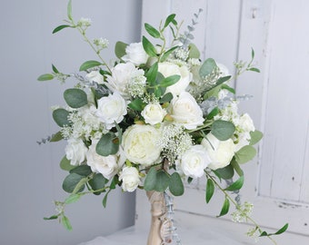 White and Sage Green Wedding Table Arrangement, Guest Table Flower Ball, Wedding Floral Centerpiece, Made with Rose, Peony and Baby's Breath