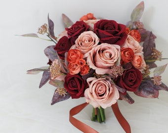 Burgundy, Dusty Pink Bridal Bouquet, Classic Wedding Bouquet, Rustic Boho Flower Bouquet,  Design in Rose and Peony