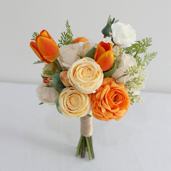 Orange and Yellow Bridal Bouquet, Elopement Wedding Bouquet, Spring Wedding Flower, Made with Rose and Tulip