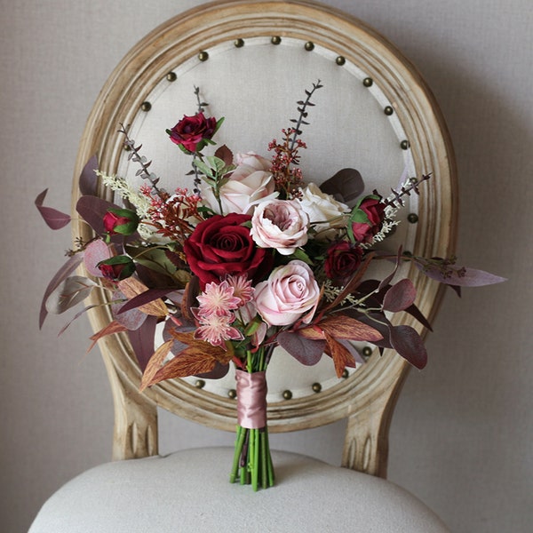 Ramo de novia de otoño, ramo de boda clásico marrón y burdeos, ramo de flores boho rústico, diseño en rosa y eucalipto