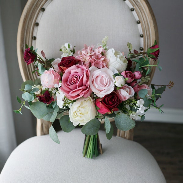 Burgundy, Mauve and Blush Wedding Bouquet, Classic Bridal Bouquet, Rustic Boho Flower Bouquet,  Design in Rose, Peony and Eucalyptus