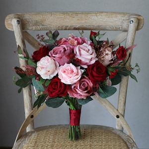 Burgundy and Dusty Rose Pink Bridal Bouquet, Classic Wedding Bouquet, Rustic Boho Flower Bouquet,  Design in Rose and Peony