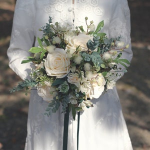 Bridal Bouquet, Ivory White Rose Greenery Classic Wedding Bouquet, Rustic Boho Flower Bouquet,  Design in Ivory White Rose